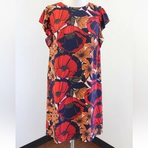 LOFT red and navy floral print shift dress featuring ruffle or flared sleeves